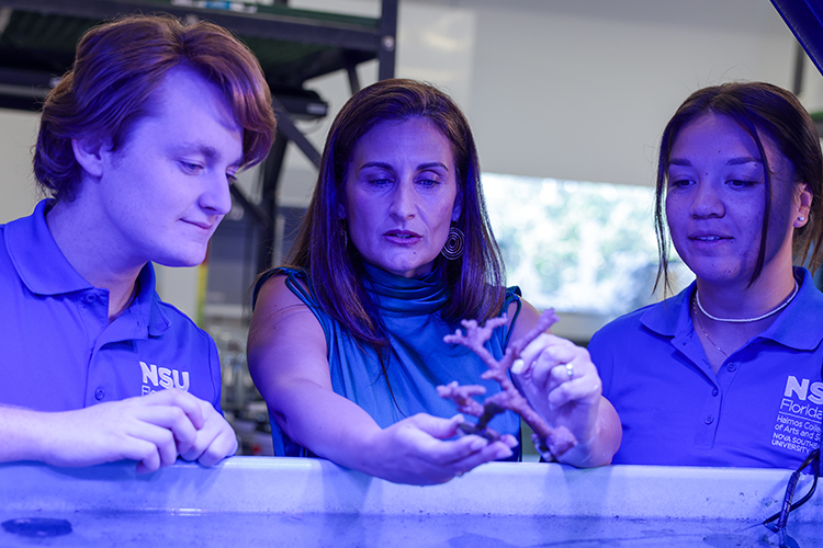 Group of researchers analyzing a coral sample