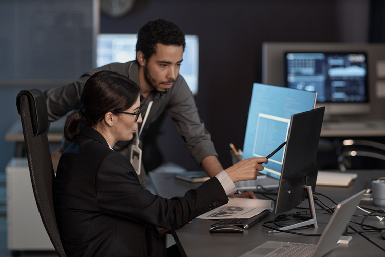 Two people doing security advisories on computer