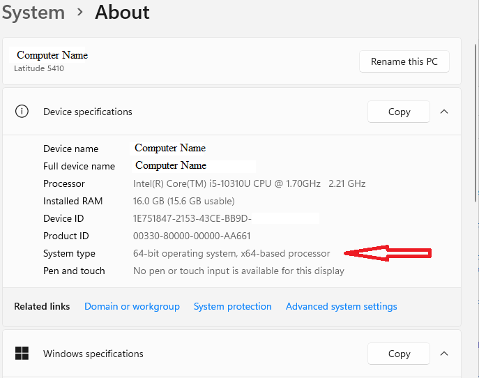 System type information screenshot